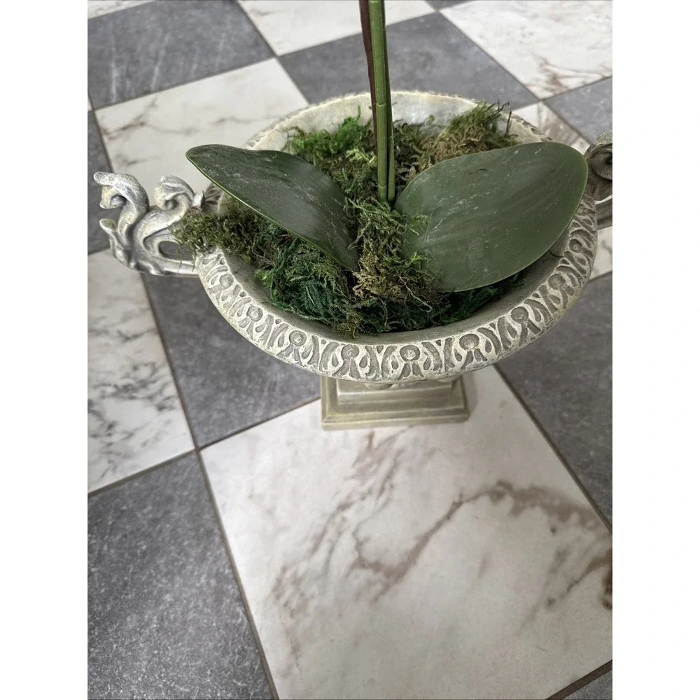 Resin Footed Urn Planter with Faux Orchid Green Mid Century Modern 15x8.75